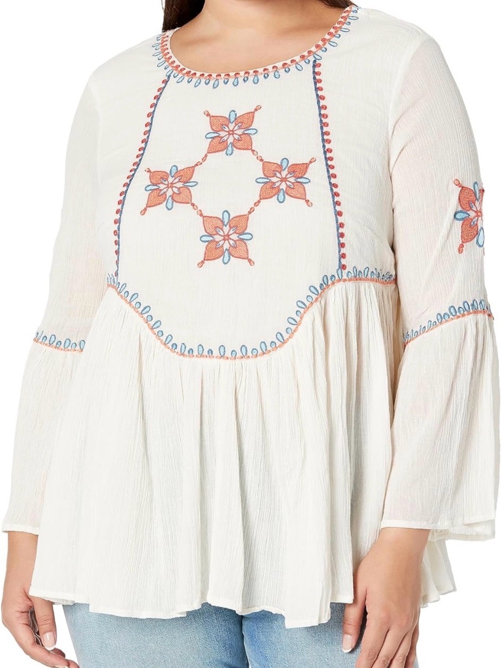 Embroidered Cream Peasant Tunic Top with Coral & Blue Accents N0500